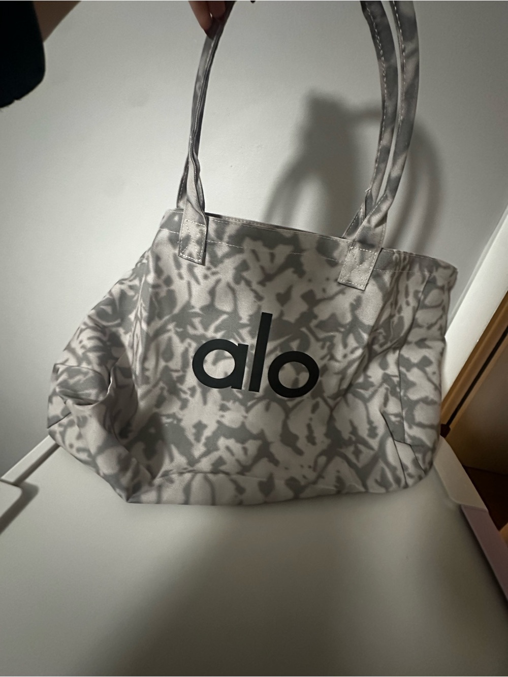 ALO Yoga Gray Patterned Canvas Tote with Bold Logo